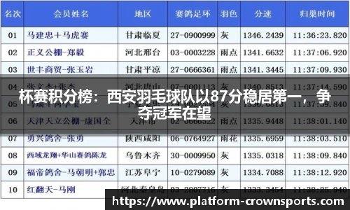 杯赛积分榜:西安羽毛球队以87分稳居第一,争夺冠军在望
